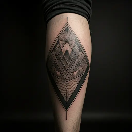 Tatuaje geométrico minimalista con líneas rectas y alto contraste.