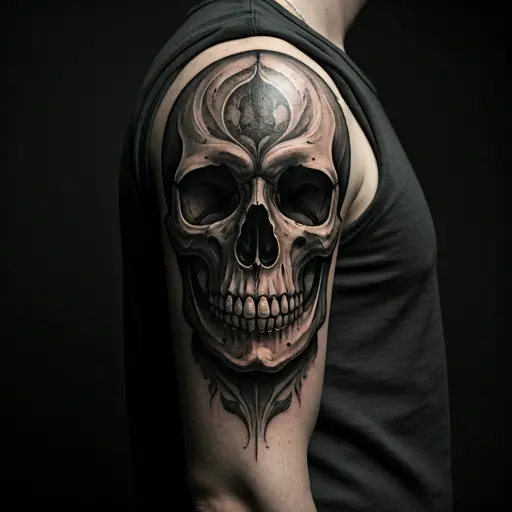 Tatuaje blackwork de calavera abstracta con sombreado profundo.