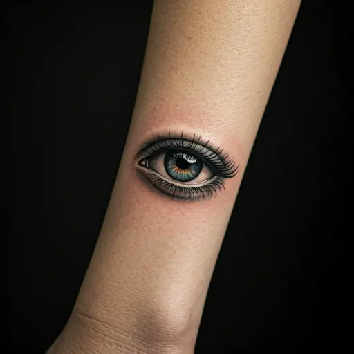 Tatuaje micro realista de un ojo en muñeca con detalles hiperrealistas.