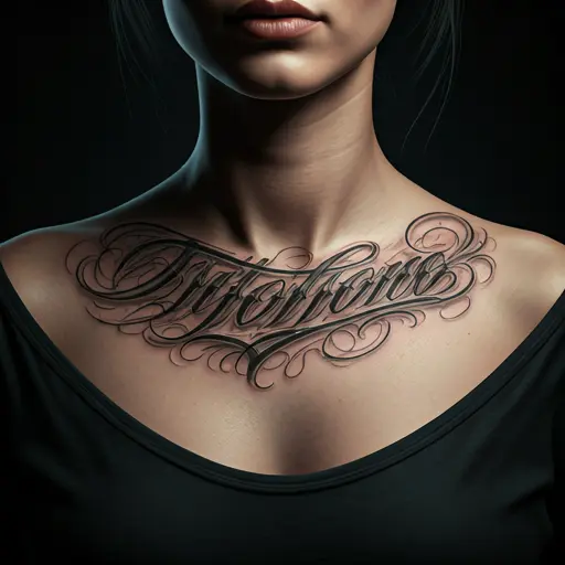 Tatuaje de lettering personalizado en clavícula con trazos elegantes.