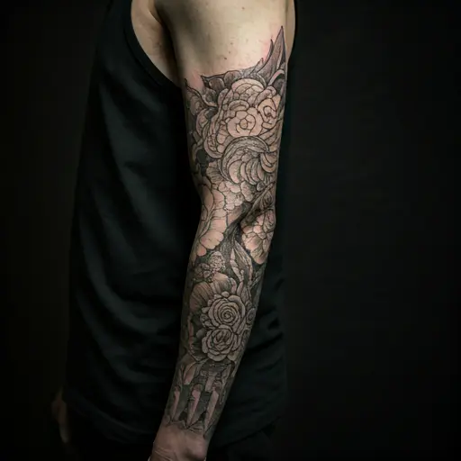 Tatuaje blackwork en brazo con rellenos negros sólidos y contrastes.